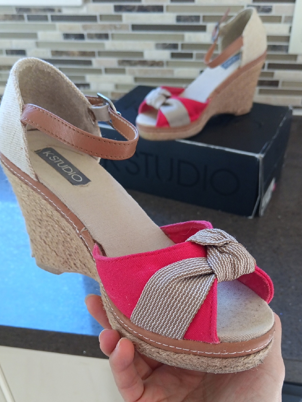 KSTUDIO Hot Pink and Tan Espadrille Wedge Sandals